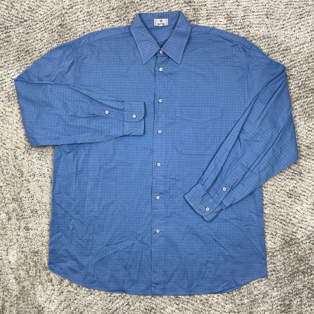 Zanella Shirt Mens 43 Long Sleeve‎ Blue Button Front Collared Windowpane Italy
